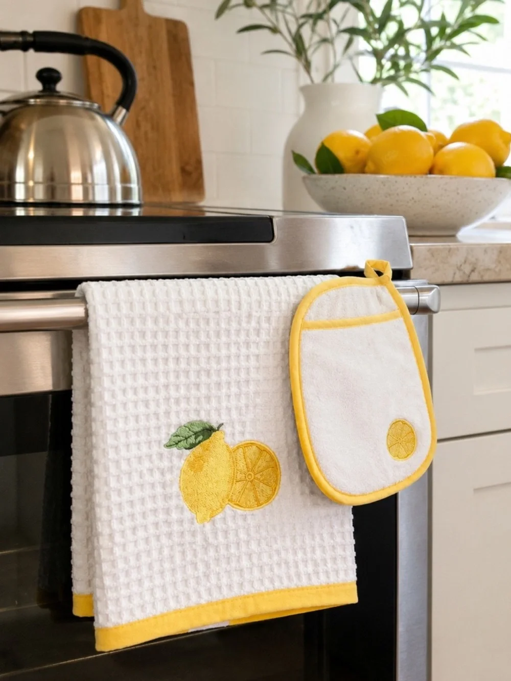 LA PATISSERIE Lemon Kitchen Towel Pot Holder Set Turkish Cotton Waffle White 2Pc